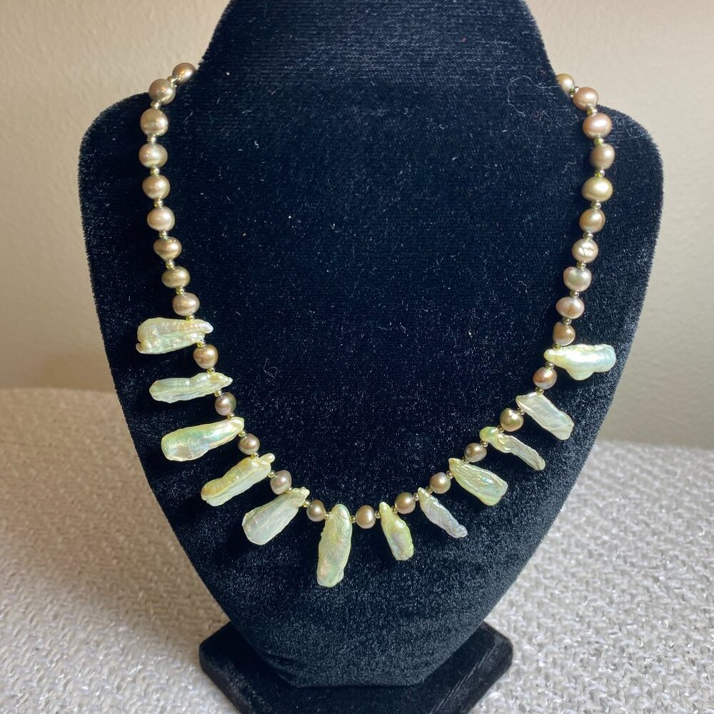 Green BiWa Pearl Bib Style Necklace